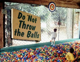 'Do Not Throw Balls' -- Sign in ball pit, next to a big, tempting bulls-eye decoration.
