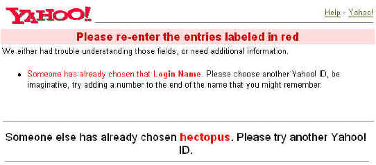 Screen shot of Yahoo logon page: "Someone else has already chosen hectopus. Please try another Yahoo! Id."