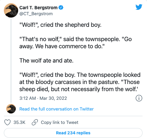 “Wolf!”, cried the shepherd boy. (The whole thread is worth reading ...